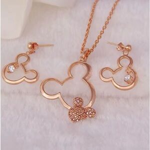 585 Rose Gold Plated Mickey Mouse Head Silhouette Necklace & Earrings Set